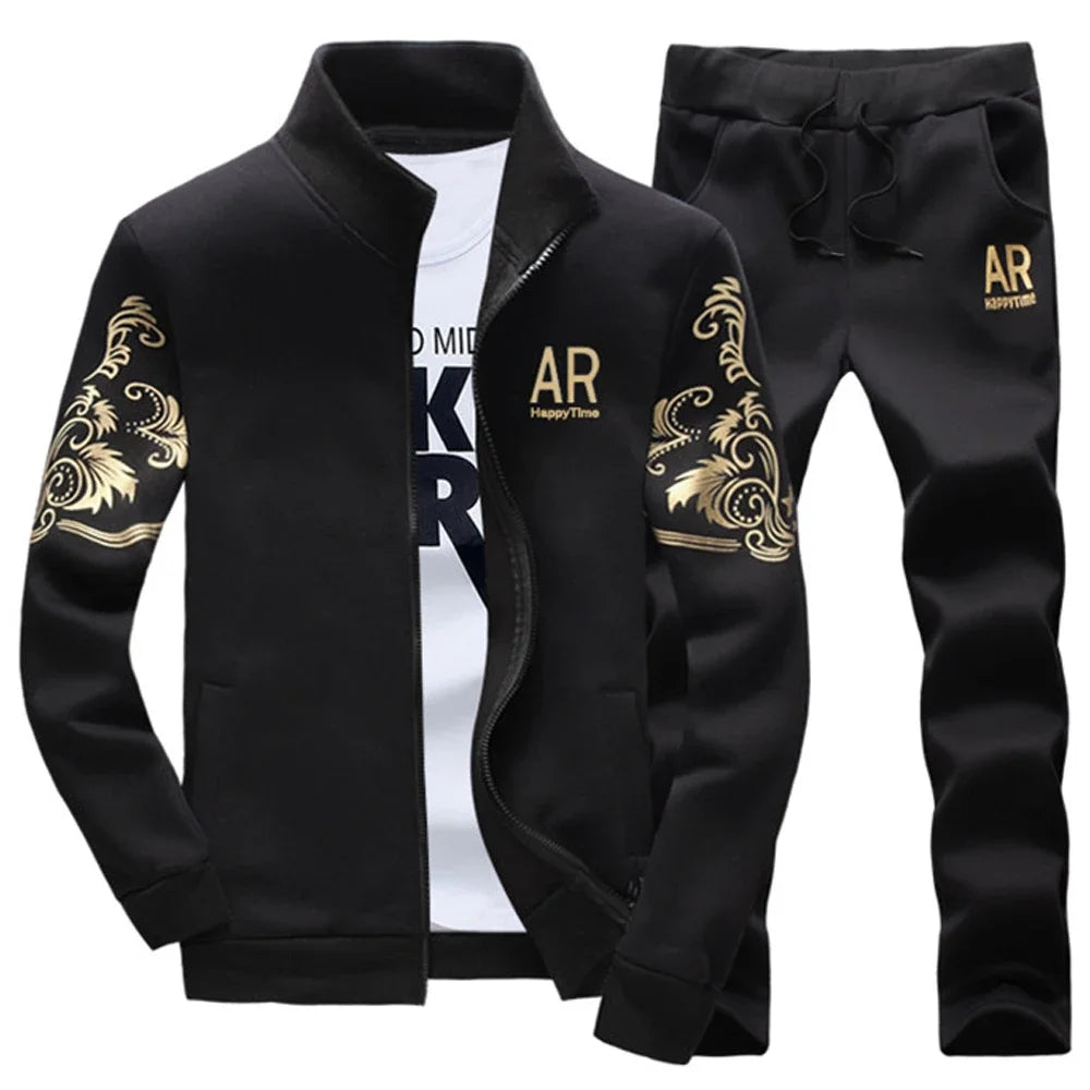 New Men's Tracksuit Fleece Jacket and Sweatpants 2 Piece Set Spring Autumn Sports Suit