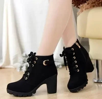 High Heeled Women Boots Cross Straps Short Boots Comfortable Waterproof Boots