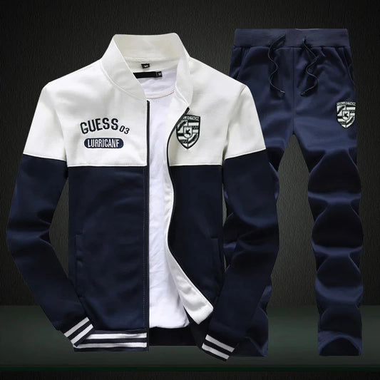 New Men's Tracksuit Fleece Jacket and Sweatpants 2 Piece Set Spring Autumn Sports Suit