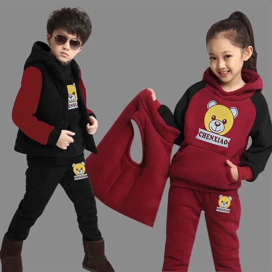 Boys Padded Warm Set Children's Hooded Cartoon Solid Colour 3 Pcs Autumn Winter New Girls Sweatshirt Cute Casual Suit 4-12Y