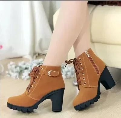 High Heeled Women Boots Cross Straps Short Boots Comfortable Waterproof Boots